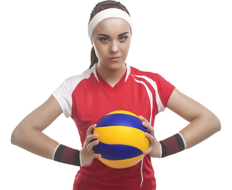 Image of a girl wearing a red shirt and white headband, holding a volleyball in the center of her chest.
